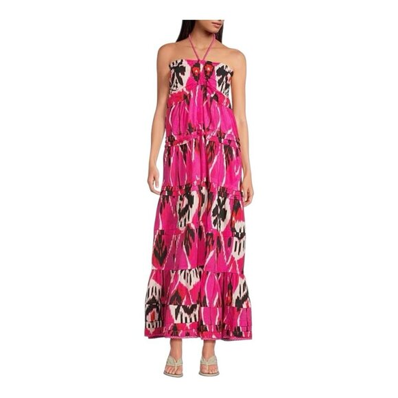 Ro's Garden Denise Halter Tie Gathered Tiered Maxi Dress Medium Pink $295 - Picture 1 of 9
